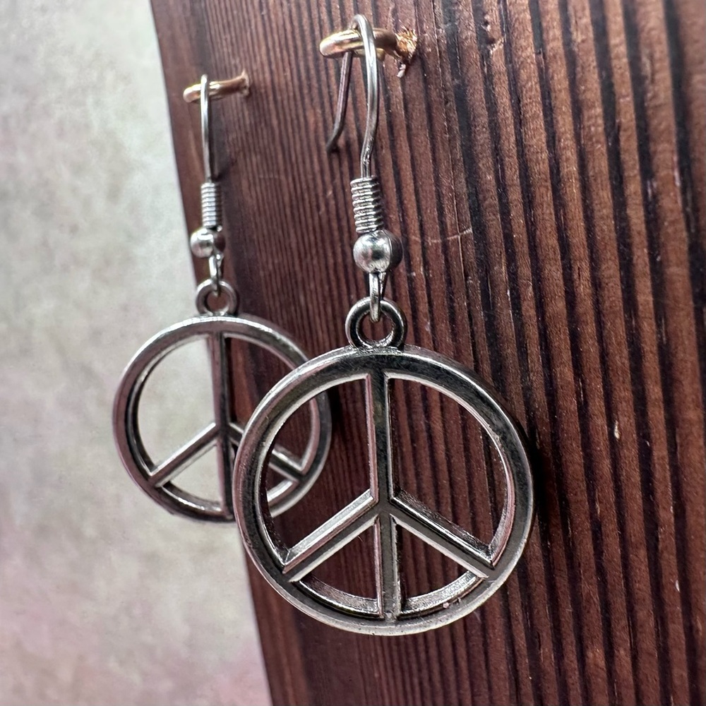 Nickel Free Silver Peace Sign Dangle Earrings - Picture 5 of 6